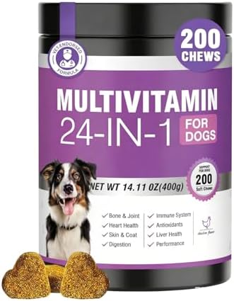 24-in-1 Dog Vitamins and Supplements, Dog Multivitamin Chewable with Glucosamine, Chondroitin, Probiotics & Omega 3 for Skin and Coat, Hip and Joint, Gut and Immune Support, 200 Chews