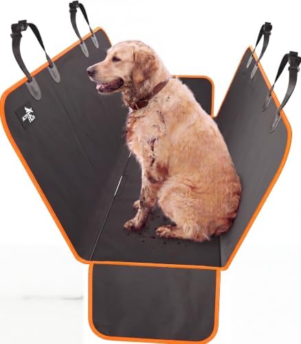 Active Pets Waterproof Hammock Standard Car Seat Cover, Fits Sedans Hatchbacks Crossovers Coupes Compact Vehicles, Secure Convertible Travel Bed Protects Backseat Cargo from Dogs, Black w/Orange Trim