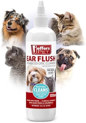 Jeffers Ear Flush for Dogs, Cats & Puppies, 8 oz - Otic Ear Cleanser Solution with 0.2% Ketoconazole, Aloe Vera & Calendula, Gentle Ear Wash for Pet Hygiene, Grooming, Wax & Debris Cleaning