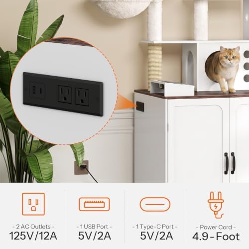 HOOBRO Modern Automatic Litter Box Enclosure with Charging Station, Large Cat Litter Boxes Furniture for Self-Cleaning Litter Boxes, All-in-One Dog Proof Feeding Station, White and Walnut WH69UMZ03