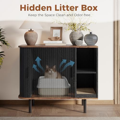 Cat Litter Box Enclosure, Kitty Hidden Litter Box Furniture with Scratch Pad, Modern Indoor Cat House, Sliding Door, Adjustable Shelf for Dog Proof, Black