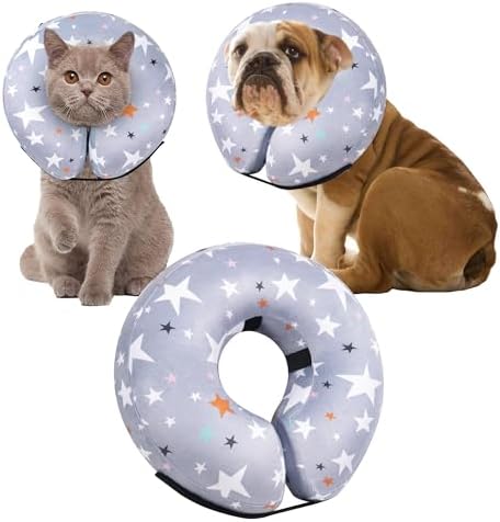 Recovery Donut Collar for Dogs & Cat,Inflatable Dog Cone Collar Alternative After Surgery,Soft Cone for Large Medium Small Dog,Adjustable Pet Neck Donut(Grey Star,Small