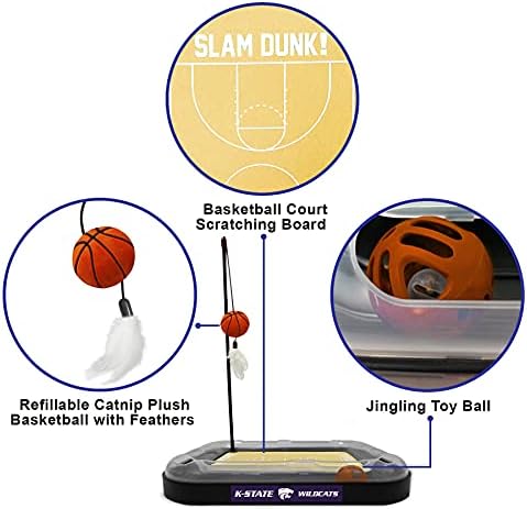 NCAA KANSAS STATE Wildcats 6-in-1 Scratcher and Wand - Basketball Court Cardboard Cat Scratcher with Catnip Plush Ball and Bell