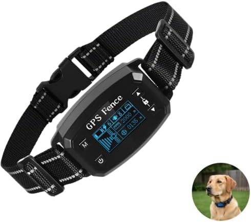 GPS E-Fence Collar, Wireless Dog Collar Fence System for Pet Training, 0.018 to 1.2 miles, 30 to 2,000 m Safety Distance, Bark Trainer with 3 Correction Modes, IPX6 Waterproof ABS, Black 1,000 mAh