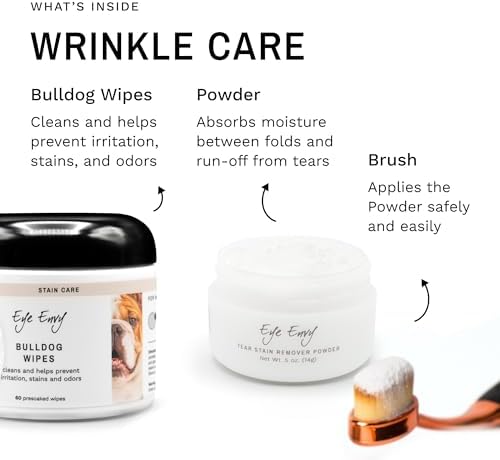 Eye Envy Bulldog Wrinkle Cleaner & Nose Care Kit. Bulldog Wrinkle Wipes, Tear Stain Powder, Applicator Brush & Dog Nose Balm. Cleans Skin Folds. Removes Stains. Helps Cracked Noses. Made in USA