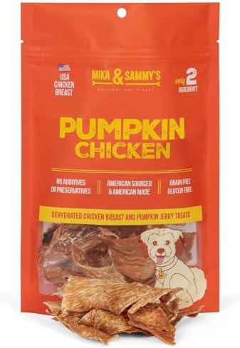 Gourmet Chicken Jerky Dog Treats Made in The USA. Cage-Free, No additives (Pumpkin Chicken 5 0z)