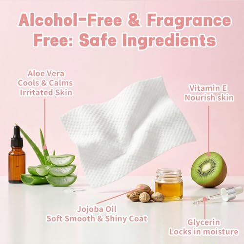 Hypoallergenic Dog Wipes for Paws & Butt, Extra Thick Plant Based Pet Wipes for Dogs & Cats, Alcohol-Free Lick-Safe Grooming Wipes, 80 Count