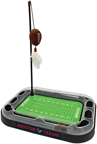Pets First Catnip Toy HOUSTON TEXANS FOOTBALL FIELD CAT SCRATCHER TOY with CATNIP Filled Plush FOOTBALL Toy & Feather Cat Toy hanging, with Jingle Bell INTERACTIVE BALL Cat Chasing 5-in-1 KITTY Toy