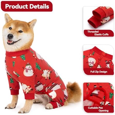 Recovery Suit for Dogs Full Zipper, Four-Legged Onesie Dog Recovery Suit After Surgery, Cute Soft Bodysuit Cone Alternative Male Female Dog Neuter Anti Licking Wounds, Snowman, 3X-Large