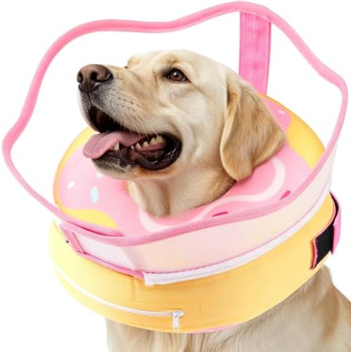 EMUST Inflatable Dog Donut Collar with Protective Shield, Soft Pet Recovery E-Collar for Dogs After Surgery, Adjustable Elizabethan Collar to Prevent Licking Biting Scratching (Pink, Medium)