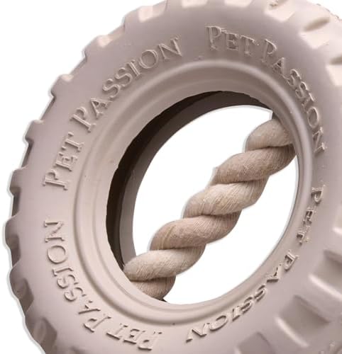Pet Passion Natural Rubber Tire and Organic Cotton Rope Pull and Chew Dog Toy for All Pet Breeds, Almond Milk, Medium