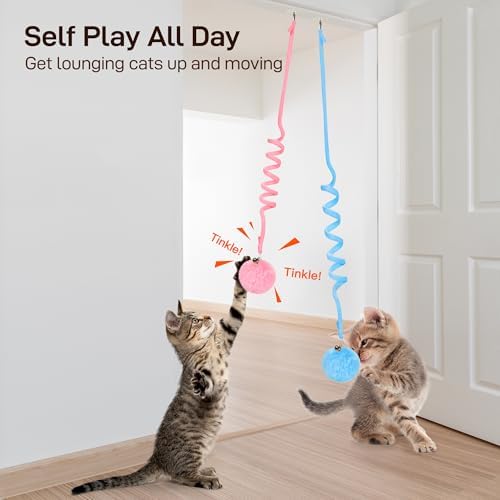 Potaroma Hanging Fluffy Cat Catnip Ball Toys 3 Pcs with Bell, Interactive Cat Teaser Retractable Toys Indoor Kitten Play Chase Exercise Physical Stimulation