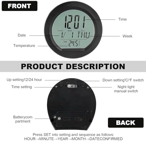 Car Digital Thermometer Clock, Dashboard Clock with Backlight Fahrenheit Celsius Temperature Display, Mini Adhesive 24 Hour Format Time Clock Calendar for Car Truck Home