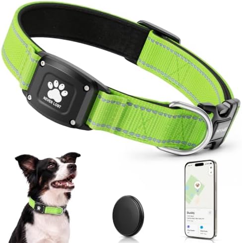 GPS Dog Collar with Tracker, Waterproof, No Monthly Fee, Green, S | Works with Apple Find My, iOS Only, MFi Certified, No SIM Card, for Small Dogs, Reflective Padded Nylon, Neck 12.5-16 in