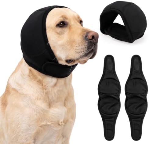 Dog Ear Muffs Noise Protection,Ear Muffs for Dogs,Calming Ear Wrap for Anxiety Relief, Waterproof Adjustable and Non Slip No Shake for Grooming, Bathing, Fireworks and Thunderstorms(2PC Black,L)