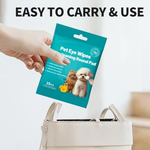 Pet Eye Wipes for Dogs & Cats, Travel Pack 25 Count, Unscented Eye Area Cleaning Pads for Tear Stains, Eye Discharge and Daily Eye Care, Soft Round Pads, 7.6 x 7.6 cm