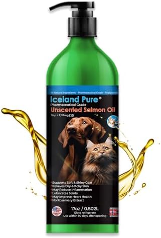Iceland Pure Salmon Oil | Unscented Pharmaceutical Grade | 1118mg of Omega-3 per teaspoon | Liquid Food Supplement For Dogs and Cats | BPA-Free Brushed Aluminum Epoxy coated Bottle with Pump 17oz