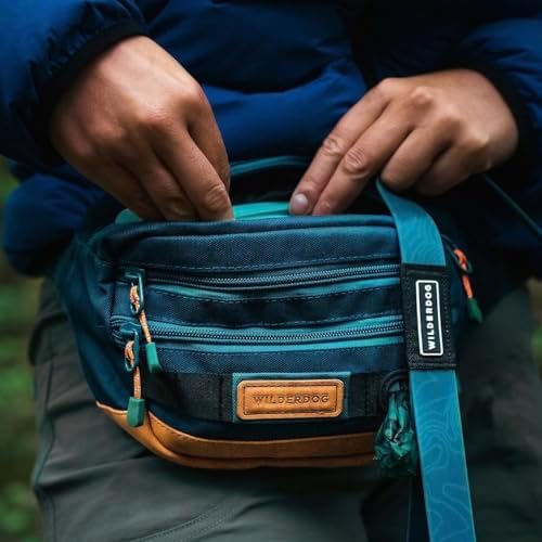 Wilderdog Utility Fanny Pack stores Treats, Balls, Keys in 3 Pockets with adjustable strap and Poop Bag dispenser (Pacific Blue)