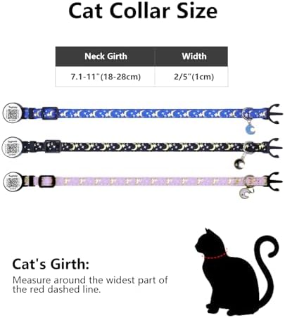 Cat Collar Stars and Moon, Reflective no Bell, Solid & Safe Collars for Cats, Nylon, Kitty Collars, Pet Collar, Breakaway Cat Collar with Smart ID Tags for Boy & Girl,NO APP (Purple)