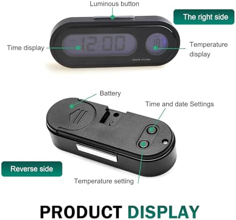 Car Clock, 2 in 1 Night-Lighting LED Screen with Temperature Display, Adjustable Angle Dashboard Clock with Fixed Base, Self-Adhesive Switchable 12/24-hour Timing Device (Black)