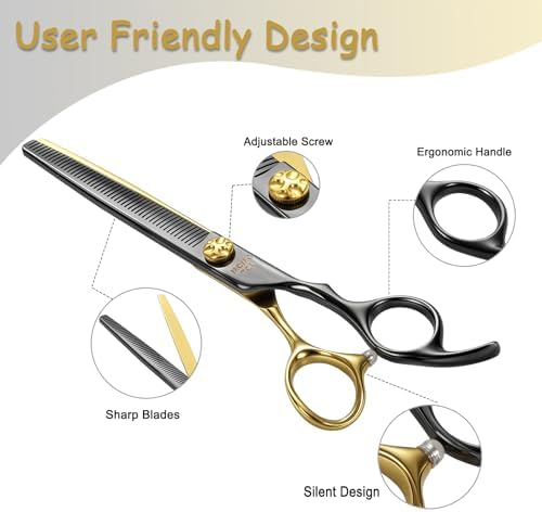 7'' Thinning Dog Grooming Scissors with Decorative Screw Sharp and Durable Black and Gold 440C Stainless Steel Dog Thinner Shears Easy Use for Groomers and Beginners
