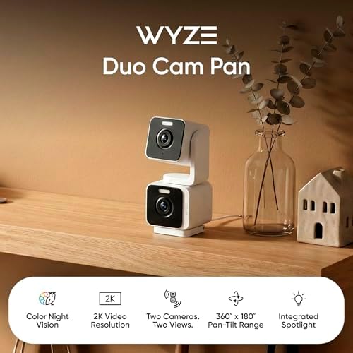 WYZE Duo Cam Pan 2 Pack, Indoor/Outdoor IP65 2K 360° Pan/Tilt Smart Home Security Camera with Color Night Vision, Compatible with Alexa & Google Assistant, White