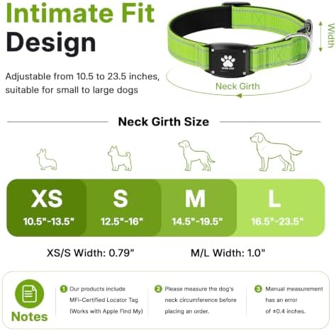GPS Dog Collar with Tracker, Waterproof, No Monthly Fee, Green, S | Works with Apple Find My, iOS Only, MFi Certified, No SIM Card, for Small Dogs, Reflective Padded Nylon, Neck 12.5-16 in