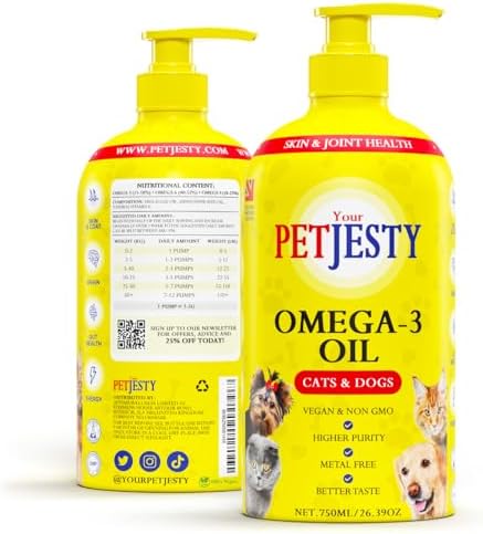 PetJesty Pure Omega 3 Oil for Dogs & Cats 26.39oz - Omega 3 Skin & Coat Support- Liquid Food Supplement for Pets - Vegan pet + DHA for Joint Function, Immune & Heart Health, Non Fish Oil Dog and Cat