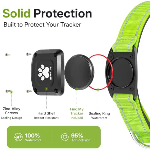 GPS Dog Collar with Tracker, Waterproof, No Monthly Fee, Green, S | Works with Apple Find My, iOS Only, MFi Certified, No SIM Card, for Small Dogs, Reflective Padded Nylon, Neck 12.5-16 in