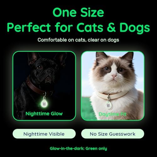 QR Code Dog Tag and Cat Tag, Scan to Reunite Faster, Waterproof and Durable, Lightweight and Quiet, Updatable Contact Info, Glow-in-The-Dark Green, 2 Tags in 1 Pack