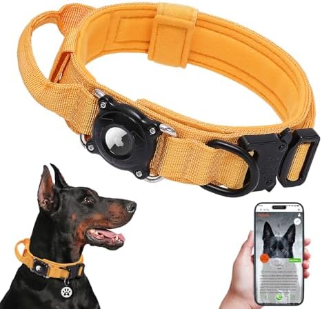 TAGHELP-AirTag Dog Collar with QR Code ID Tag, Tactical Military Reflective Adjustable Dog Collar with Holder Handle, for Large Medium Dogs, Durable Nylon with Metal Buckle (Yellow-M)