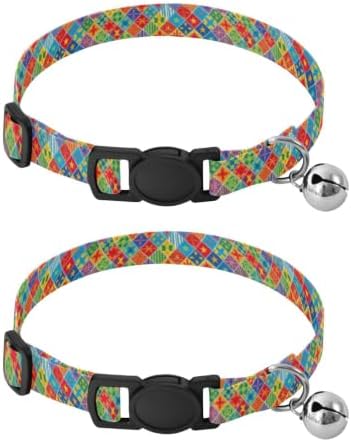 2 Pack Cat Collar Colorful Patch Quilt Red Kitten Bell Collar, Adjustable 10.6 to 17.1 Inches