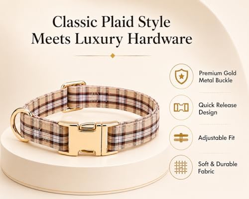 Soft Cotton Dog Collar Classic Plaid Pet Collars with Metal Clasp for Large Dogs with Sensitive Skin, Camel Brown