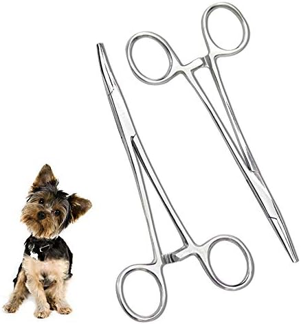 Pets ears/nose hair Puller Straight & Curved full serrated, stainless steel Home Hemostat Locking Forceps, Professional pet grooming tool for cats & dogs 2pcs set