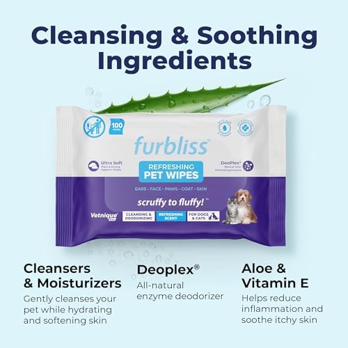 Vetnique Furbliss Hygienic Dog Grooming Wipes Cleansing Grooming & Deodorizing Hypoallergenic Pet Wipes with Natural Deodorizer 100ct (Refreshing Scent)