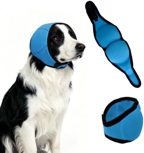 Dog Ear Cover for Noise Protection & Anxiety Relief, Adjustable No Shake Ear Wrap for Firework, Hematoma, Bathing, Swim, Grooming and Force Drying (Blue, M(Head Size:14"-19"))