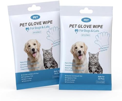 Pet Wipes Glove for Dogs, Cats & Small Animals Hypoallergenic Non Rinse, Clean, Wipes, Lick-Safe, Full-Body Grooming and Deodorizing Daily & Travel Cleaning of Dirt & Odors (6 Packs)