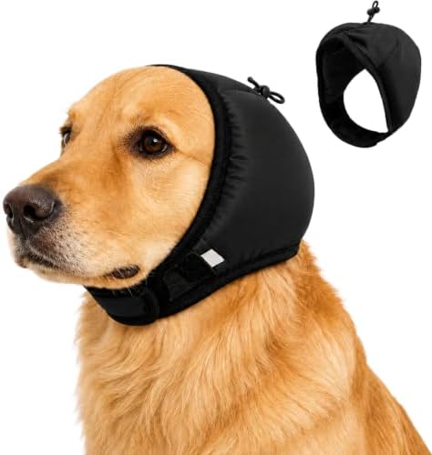 Adjustable Dog Quiet Ear Muffs Calming Ear Hoodie, Noise Canceling Breathable Ear Wraps for Dog Anxiety Relief, Ear Covers for Fireworks Thunderstorm Grooming Force Drying Noise Protection(Black, L)