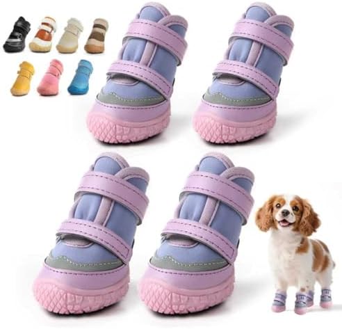 Dog Shoes for Small Dogs, Breathable Dog Boots Paw Protector for Hot Pavement Winter Snow, Dog Booties with Reflective Strips Rugged Anti-Slip Sole for Hardwood Floors Outdoor Walking Purple Size 1