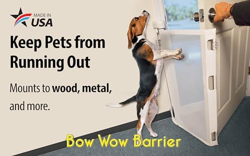 Bow Wow Barrier 28-Inch White Retractable Exterior-Door Barrier for Pets | USA-made Smart Retract hardware-mounted barrier for exterior doors; opens with the door to help keep dogs & cats inside
