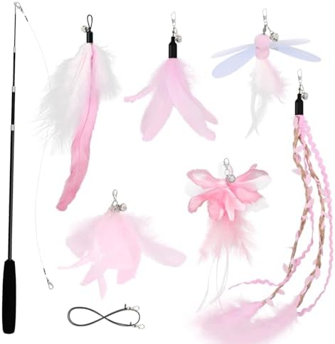 SONGWAY Cat Wand Toys for Indoor Cats - Cat Toy Set with Retractable Teaser Wand and 6 PCS Fairy Feather Toy Refills, Dragonfly Tassel Plush Cat Toys Interactive, Pink