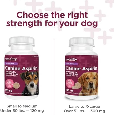 Vetality Canine Aspirin, Fast Pain Relief for Small to Medium Dogs, 75 ct