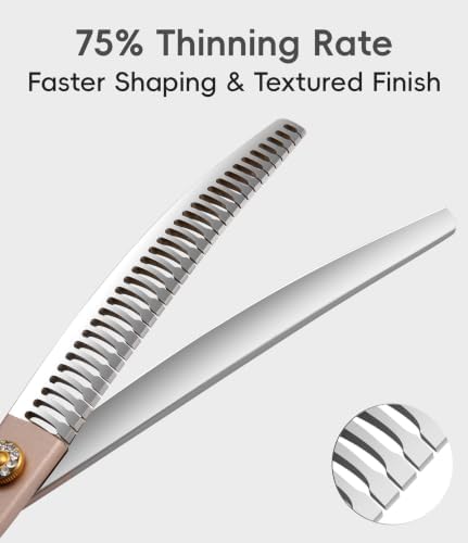 Professional Curved Chunker Dog Grooming Scissors 8.0'' Rose Gold Thinning Shears Extremely Sharp Blades 440C Stainless Steel Thinning Shears Durable Smooth Fine Cut for Dogs and Cats.