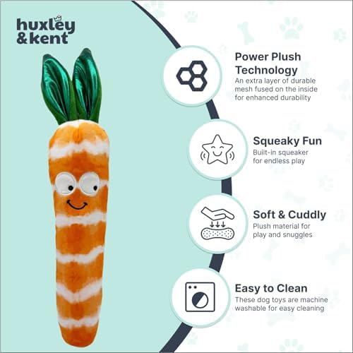 Huxley & Kent Funny Dog Toy w/Squeaker – Power Plush Squeaky Dog Toys for Small, Medium & Large Dogs – Soft Stuffed Animal for Indoor Play & Fetch - Fetchies® Sweet Carrot, Small
