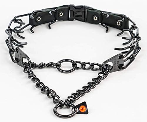 Herm Sprenger Quick Release Dog Training Collar Black Stainless Steel No Pull Collar Easy Leather Buckle Release Unique Tactical Look for Large Pet Dogs (18-26" Neck, 3.2mm Links)