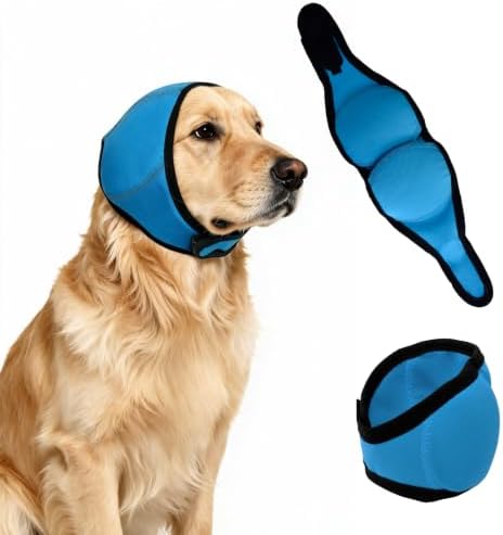 Dog Ear Cover for Noise Protection & Anxiety Relief, Adjustable No Shake Ear Wrap for Firework, Hematoma, Bathing, Swim, Grooming and Force Drying (Blue, L(Head Size:18"-24"))