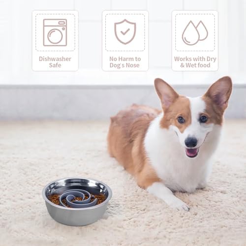 Slow Feeder Dog Bowls Insert, Bestalk Soft Silicone Slow Eating Feeder Insert with Suction Cups for Small, Medium and Large Dogs, Fit into Basic and Elevated Dog Bowls, Grey