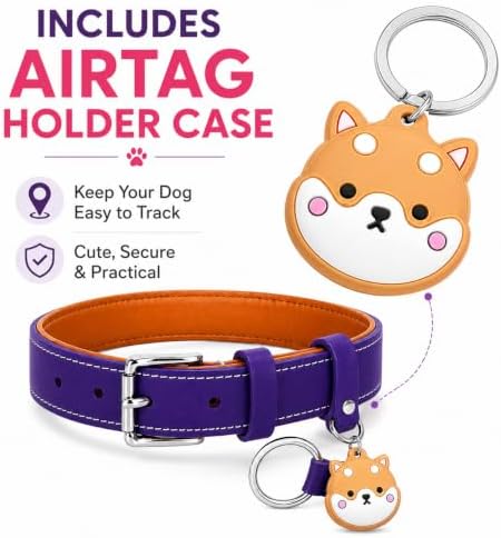 Genuine Leather Dog Collar, Soft Padded Leather Dog Collars with Airtag Holder Case for Small Medium Large X-Large Dogs,Comfort Heavy Duty Pet Collar with Durable Metal Buckle & D-Ring-Dark Purple/M
