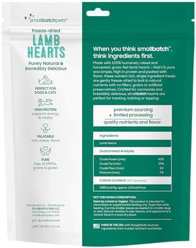 smallbatch Premium Freeze Dried Lamb Heart Treats for Dogs & Cats, 3.5oz