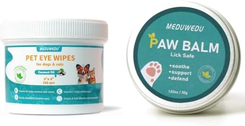 MEDUWEDU Eyes Wipes 120 Counts + [2-Pack] Dog Paw Balm 30g | Pet Grooming Bundle for Dogs & Cats | Tear Stain Prevention & Paw Protection